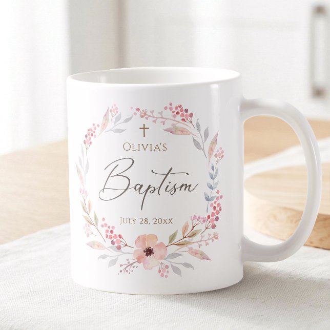 Mug Baptême Fille Rose Pâle Floral (Blush Pink Floral Girl Baptism Coffee Mug)