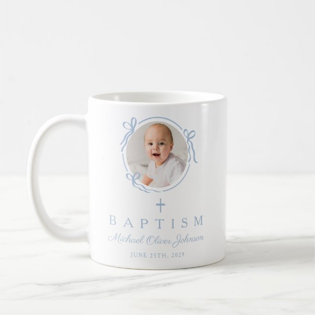 Mug Baptême photo élégant bébé garçon bleu (Gauche)