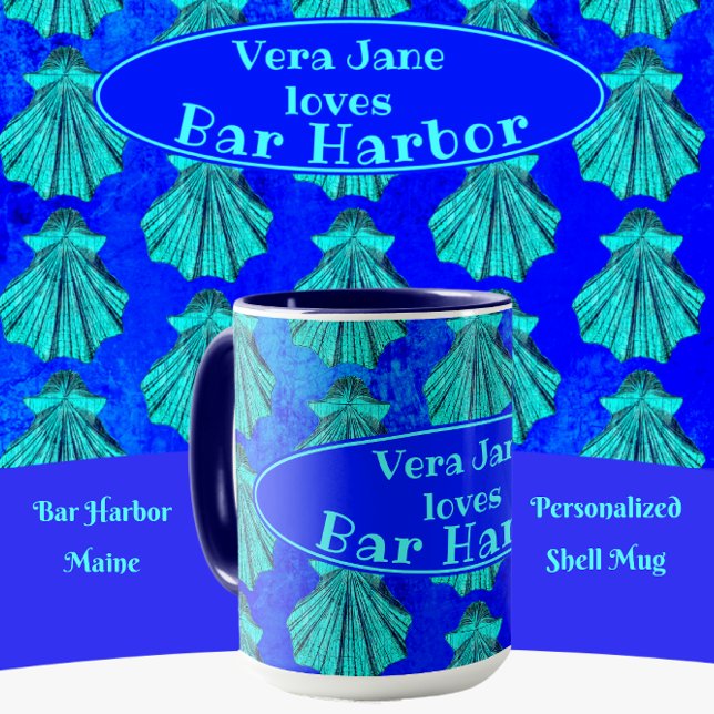Mug Bar Harbour Maine Bold Blue Scallop Shell avec nom (Créateur téléchargé)