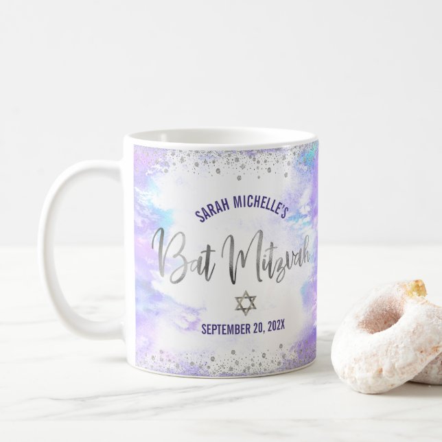 Mug Bar Mitzvah Violet Aquarelle Argent Écriture Moder (Avec donut)