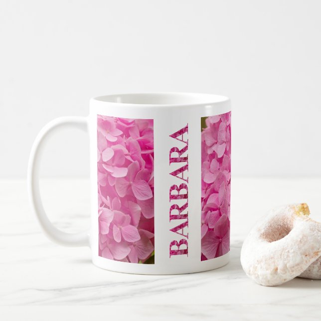 Mug "Barbara" Élégante Hydrangée Rose Florale Lettres (Avec donut)
