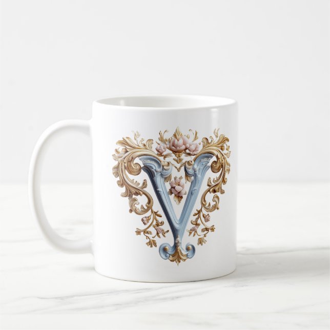 Mug Baroque Initial 'V' pour une princesse du café (Gauche)