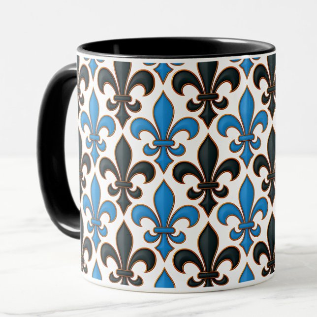 Mug Baroque Noir Bleu Motif de Fleur de Lis Design  (Créateur téléchargé)