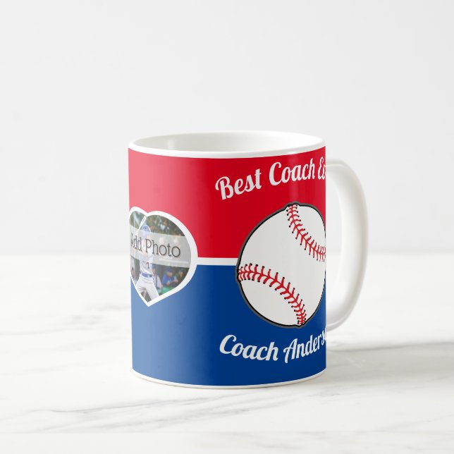 Mug Baseball Best Coach Ever Nom photo rouge blanc ble (Devant droit)
