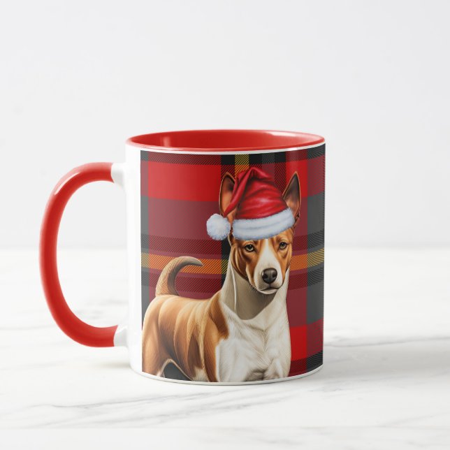 Mug Basenji Chien vacances Rouge et Vert Plaid Noël (Gauche)