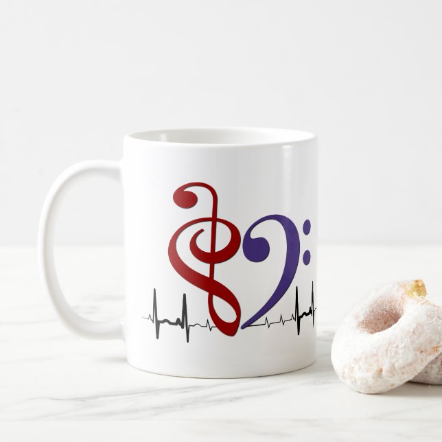 Mug Bass Clef Heart EKG Waves Crimson Rouge & violet (Avec donut)