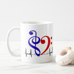 Mug Bass Clef Heart EKG Waves Navy Blue & Red