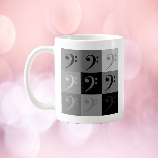 Mug Bass Clef Music Symbole Motif Black Grey (A mug with a bass clef pattern done in grays and blacks)