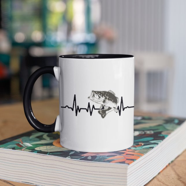 Mug Bass Fishing Pulse Heartbeat Sports Hobby  (Bass fishing pulse coffee mug with a largemouth bass)