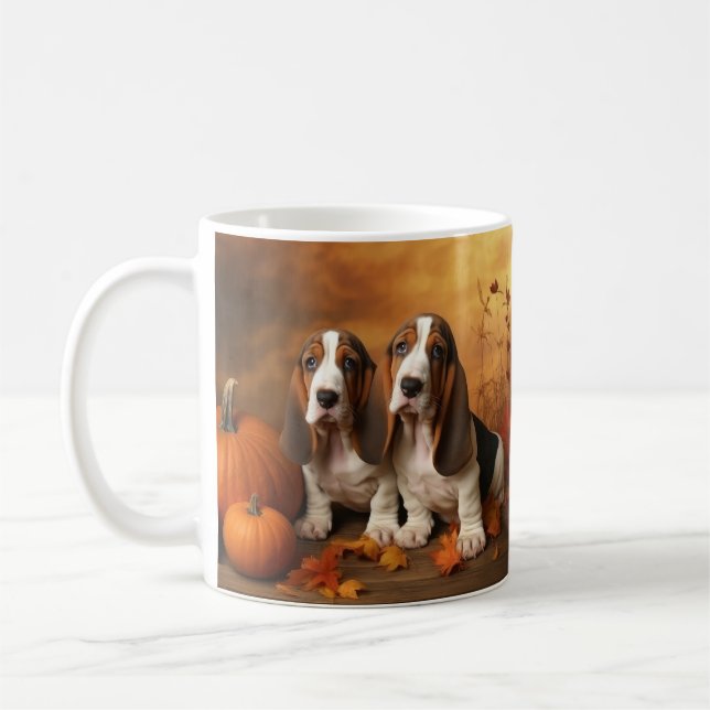Mug Basset Hound Chiot Automne Citrouille de plaisir (Gauche)