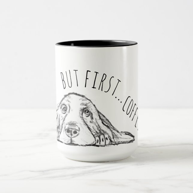 Mug basset hound noir blanc yeux de chiot simple  (Centre)