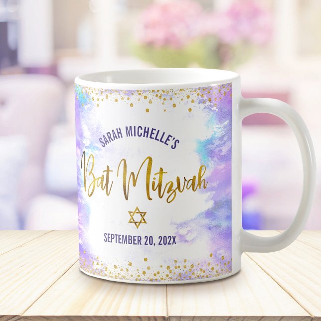 Mug Bat Mitzvah Violet Aquarelle Or Écriture Confiture (Créateur téléchargé)