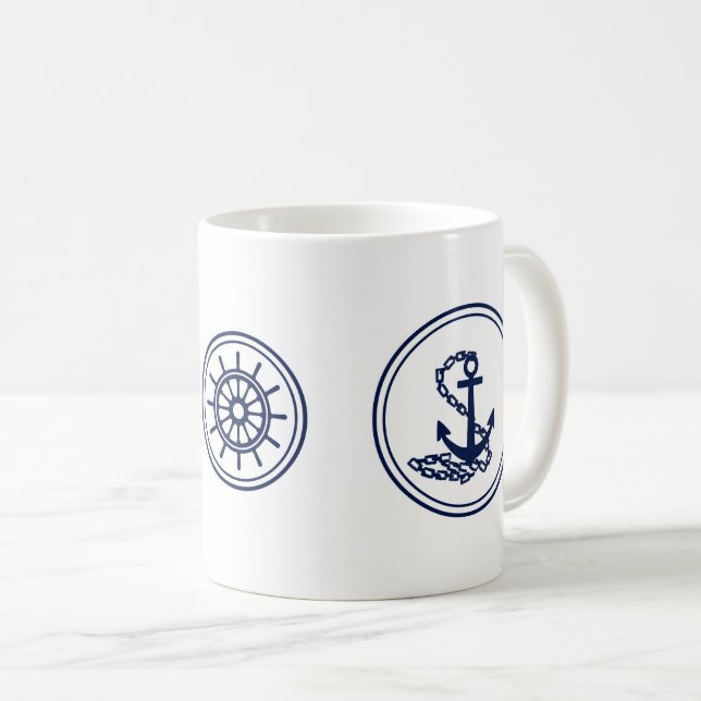 Mug Bataille de café maritime, Ancre bleue et roue du  (Devant droit)