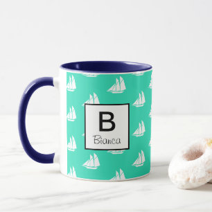 Mug Bateaux à voile blanc nautique & Sea Green Personn