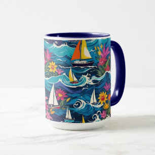 Mug Bateaux à voile Whimsical avec Vagues et Fleurs