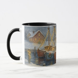 Mug Bateaux de pêche dans le port à Noël