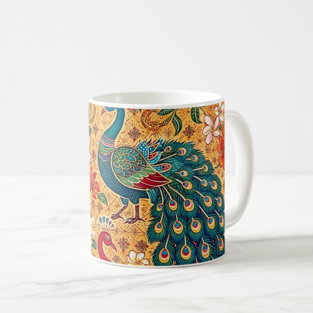 Mug Batik authentique du paon de Ceylan -Sri Lanka (Devant droit)