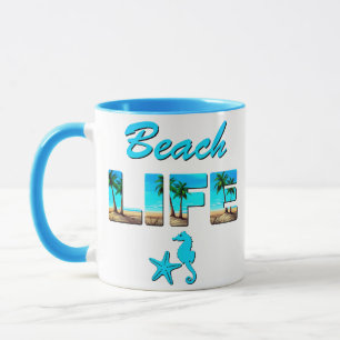 Mug Beach Life Word Art avec sable et palmiers