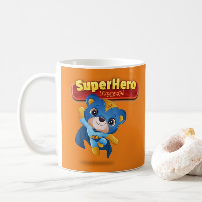 Mug 🦸 ‍ ♂️ Bear SuperHero Nom personnalisé,Initial    (Avec donut)