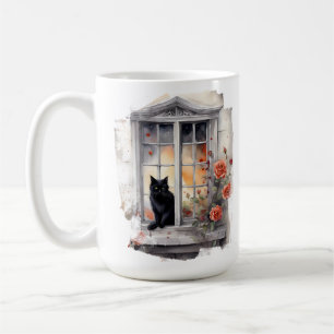 MUG BEAU CHAT NOIR EN COULEUR D'EAU ASSIS DANS LA FENÊ