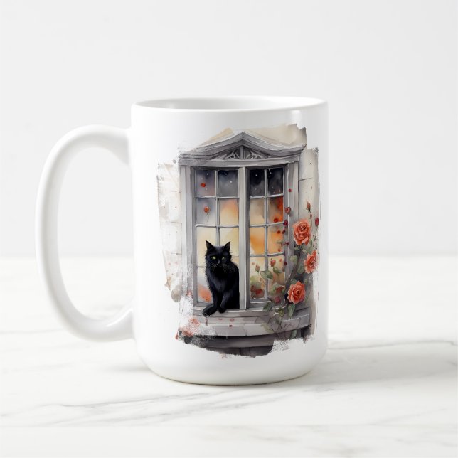 MUG BEAU CHAT NOIR EN COULEUR D'EAU ASSIS DANS LA FENÊ (Gauche)