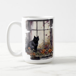 MUG BEAU CHAT NOIR EN COULEUR D'EAU ASSIS DANS LA FENÊ