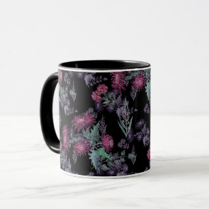 Mug Beau chrysanthème fleurs rouges vert gris feuille