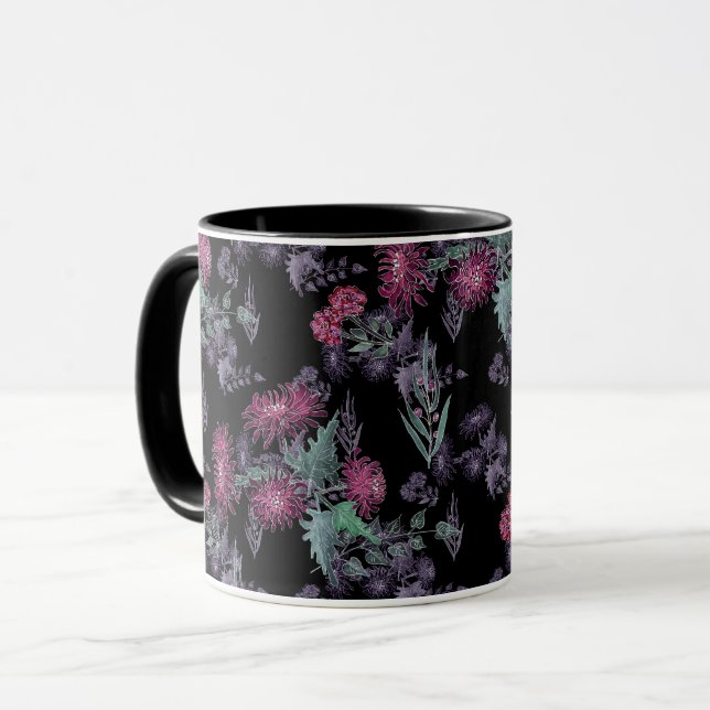 Mug Beau chrysanthème fleurs rouges vert gris feuille (Devant gauche)