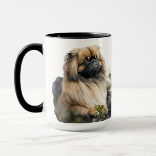 MUG BEAU COULEUR D'EAU PEKINGESE CHIEN & FLEURS