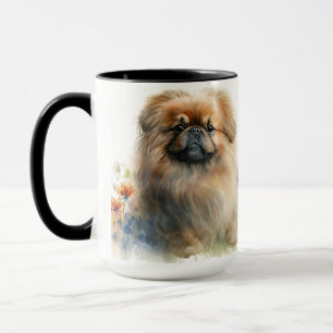 MUG BEAU COULEUR D'EAU PEKINGESE CHIEN & FLEURS