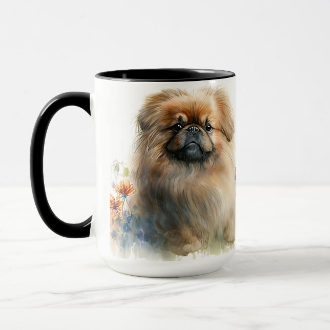 MUG BEAU COULEUR D'EAU PEKINGESE CHIEN & FLEURS (Gauche)