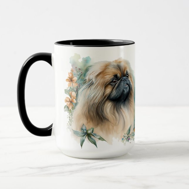 MUG BEAU COULEUR D'EAU PEKINGESE CHIEN & FLEURS (Gauche)