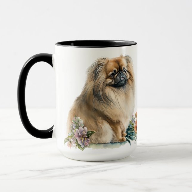 MUG BEAU COULEUR D'EAU PEKINGESE CHIEN & FLEURS (Gauche)