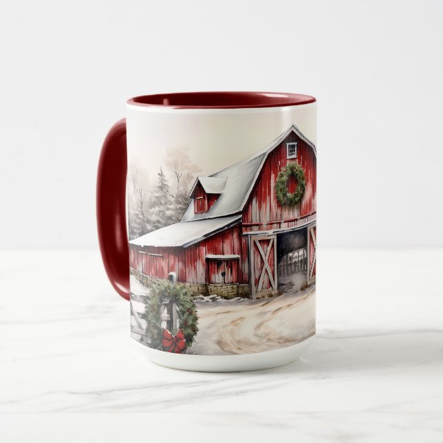 Mug Beau hiver neigeux Rustic Red Grange Noël (Devant gauche)