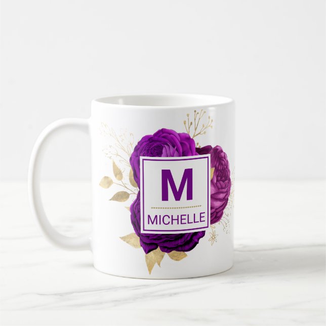 Mug Beau magnifique monogramme de fleurs violet foncé  (Gauche)