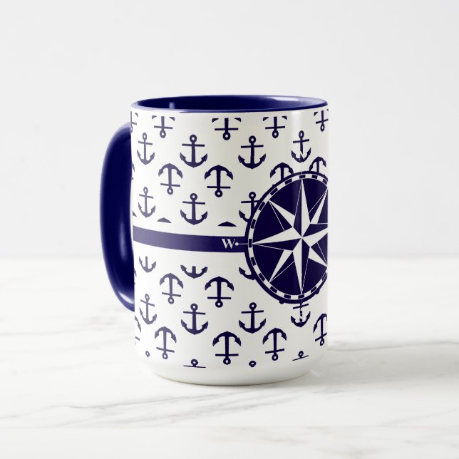 Mug Beau motif d'ancre bleue thème nautique (Devant gauche)