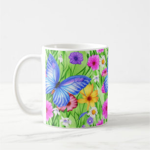 Mug Beau Papillon Bleu avec fleurs Aquarelle