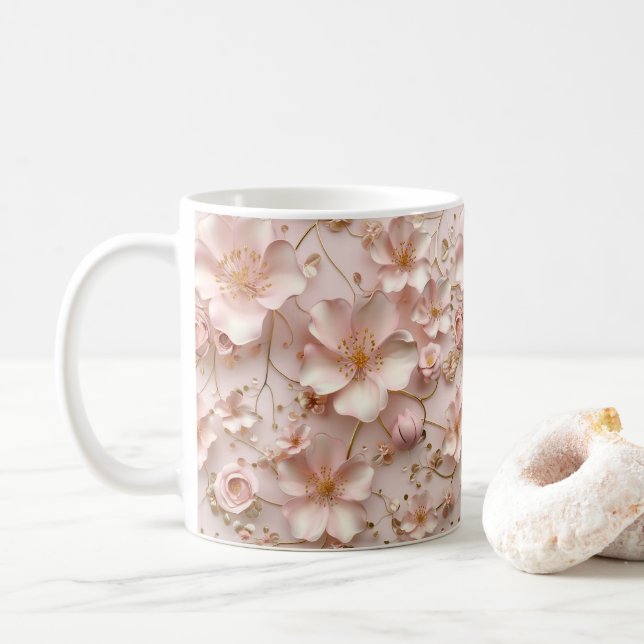 Mug Beau Pastel Rose Doux Floral (Avec donut)