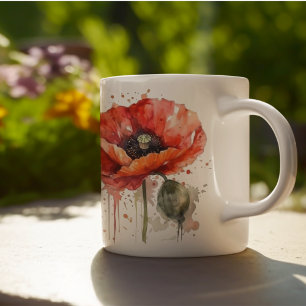 Mug Beau pavot rouge peint en aquarelle