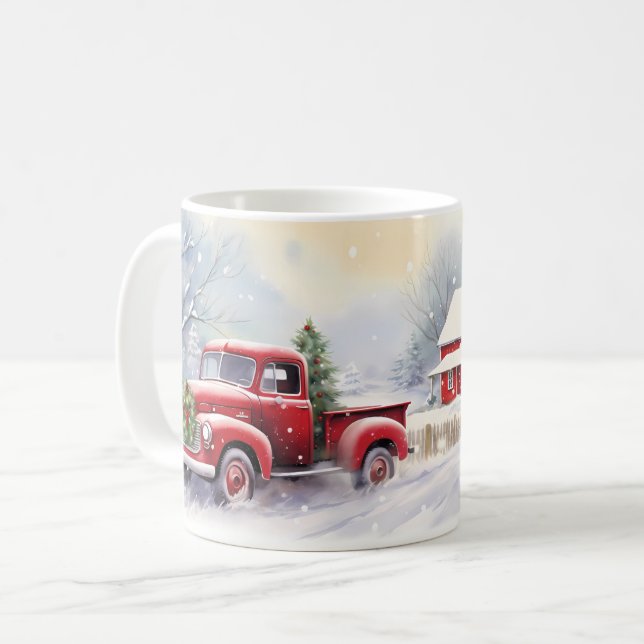 Mug Beau paysage hivernal de Camion Vintage Rouge (Devant gauche)