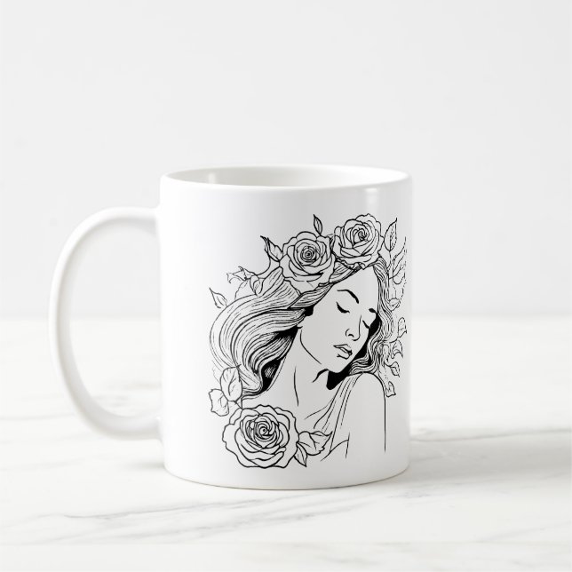 Mug Beauté de sommeil noir et blanc avec des fleurs mu (Gauche)
