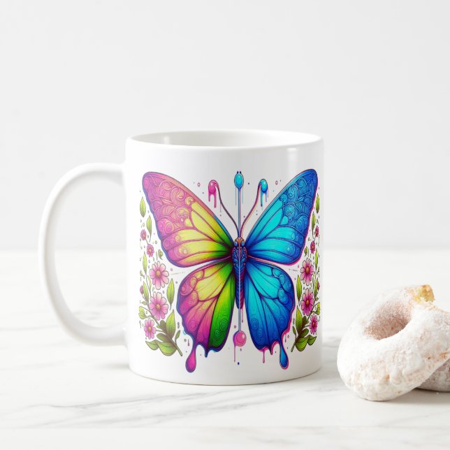 Mug Beauté symétrique : Papillon rose et bleu avec (Avec donut)