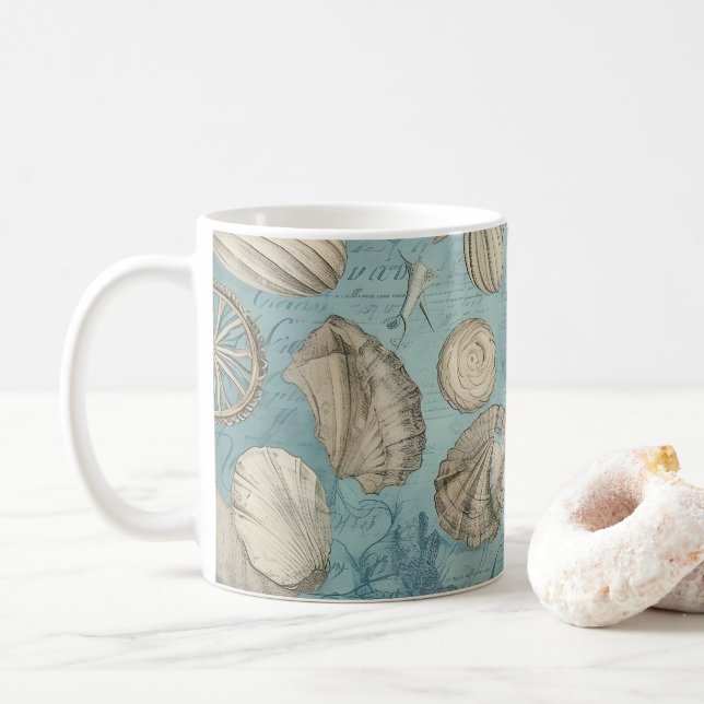 Mug Beaux Coquillages Vintages En Bleu (Avec donut)