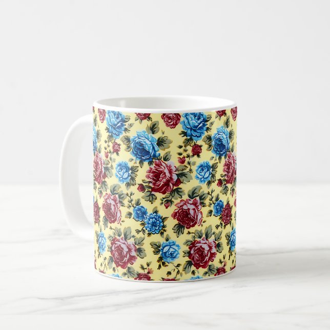 Mug Beaux Fleurs Romantiques de Printemps Rouge Bleu F (Devant gauche)
