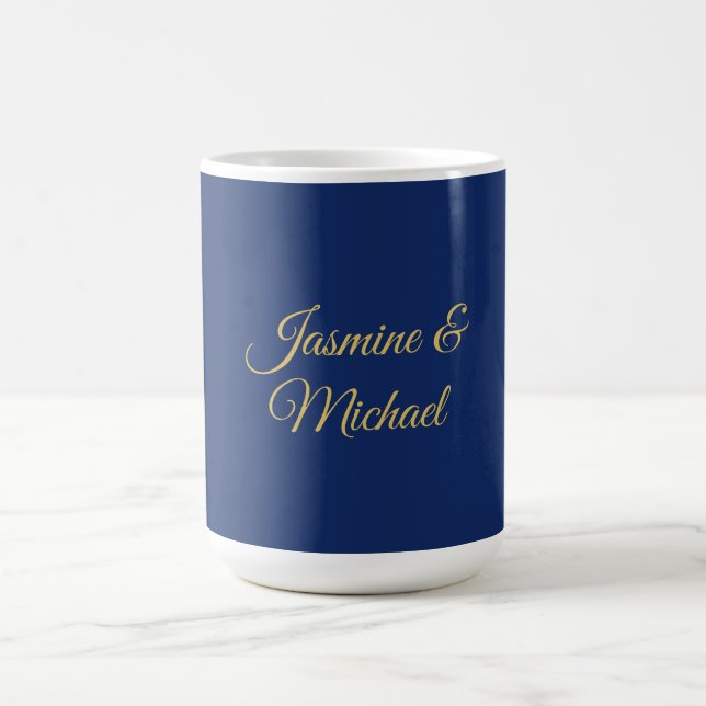 Mug Beaux Noms De Couple Calligraphie Chic Bleu & Or (Centre)