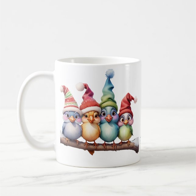 Mug Beaux oiseaux imaginaires avec casquettes de Noël. (Gauche)
