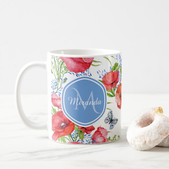 Mug Beaux pavots rouges avec les papillons bleus et le (Avec donut)