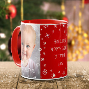 Mug Bébé 1er Noël Nouveau Maman et Papa 2 Photo Rouge