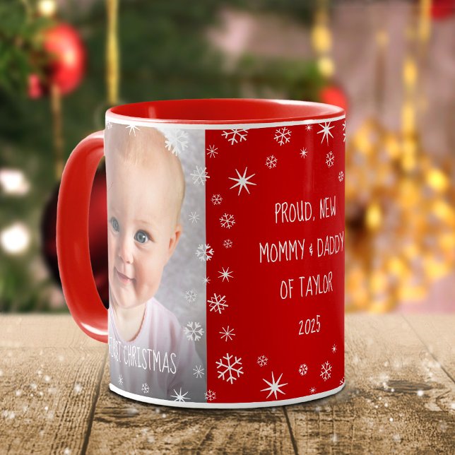 Mug Bébé 1er Noël Nouveau Maman et Papa 2 Photo Rouge (Créateur téléchargé)