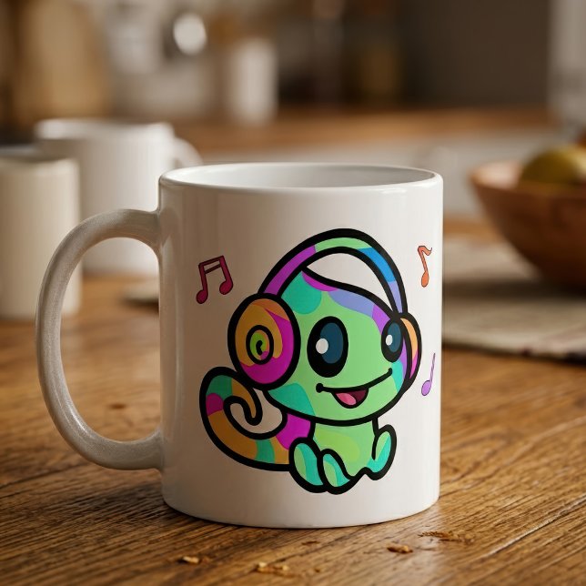 Mug Bébé Caméléon Kawaii Souriant Mignon Avec Casque A (Cute Smiling Kawaii Baby Chameleon With Headphones. Coffee Mug)